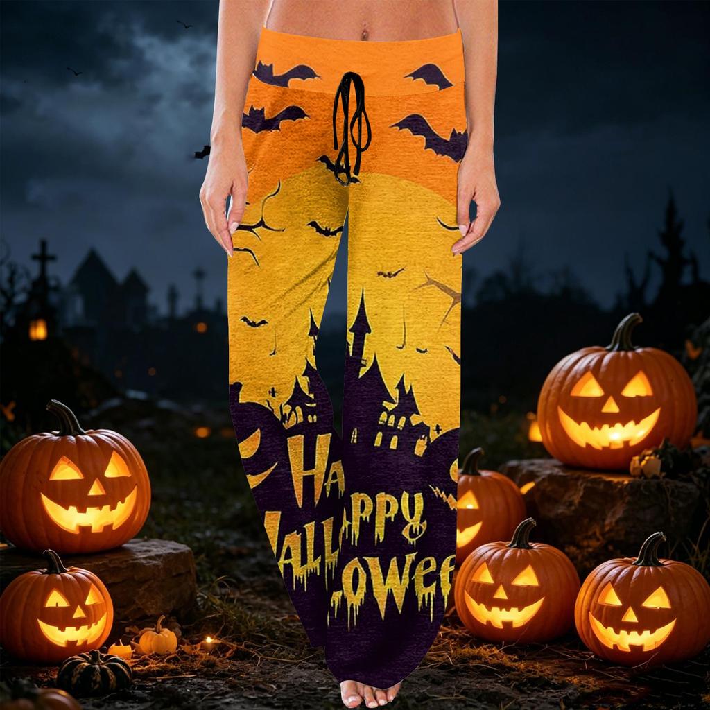 Bequeme Damen-Schlafanzughose mit Karomuster, Halloween-Print, Kordelzug, weiter Beinschnitt für Schlaf und