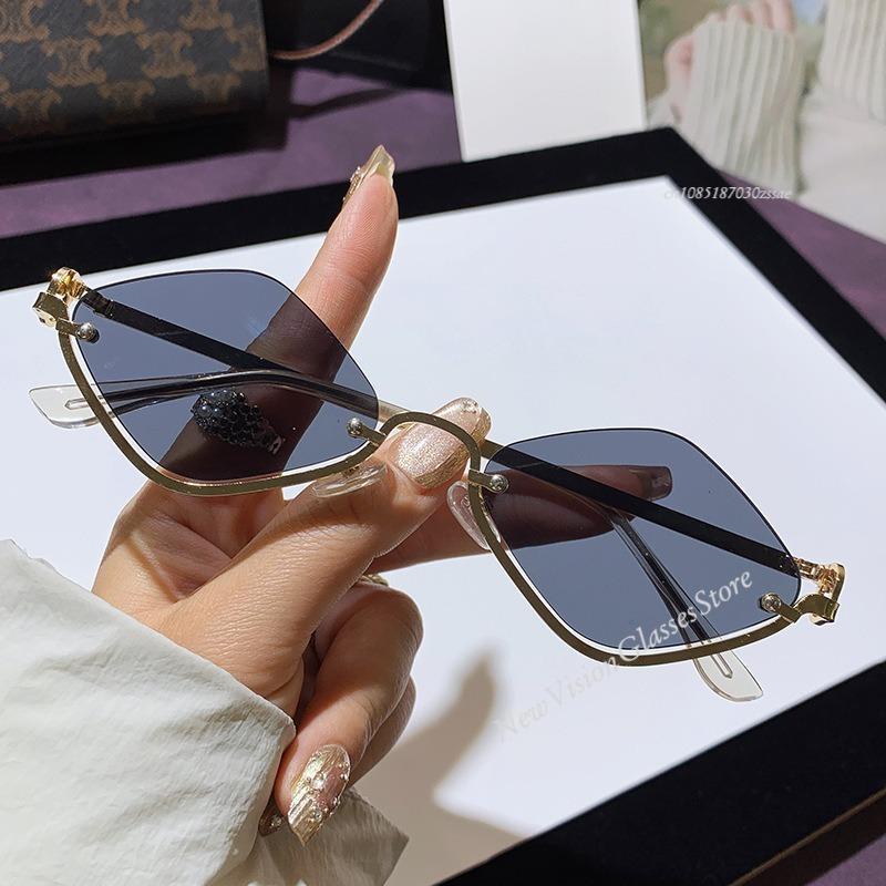 Metal Women Simple Trend Sunglasses Men New Half Frame Diamond Shaped Dopamine Small Frame Outdoor UV Protection