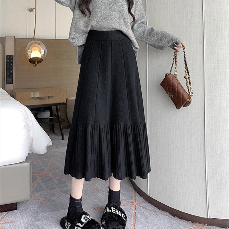Women's Autumn/Winter 2025 High Waist Knitted Pleated Midi Skirt - Petite A-line Slimming Design