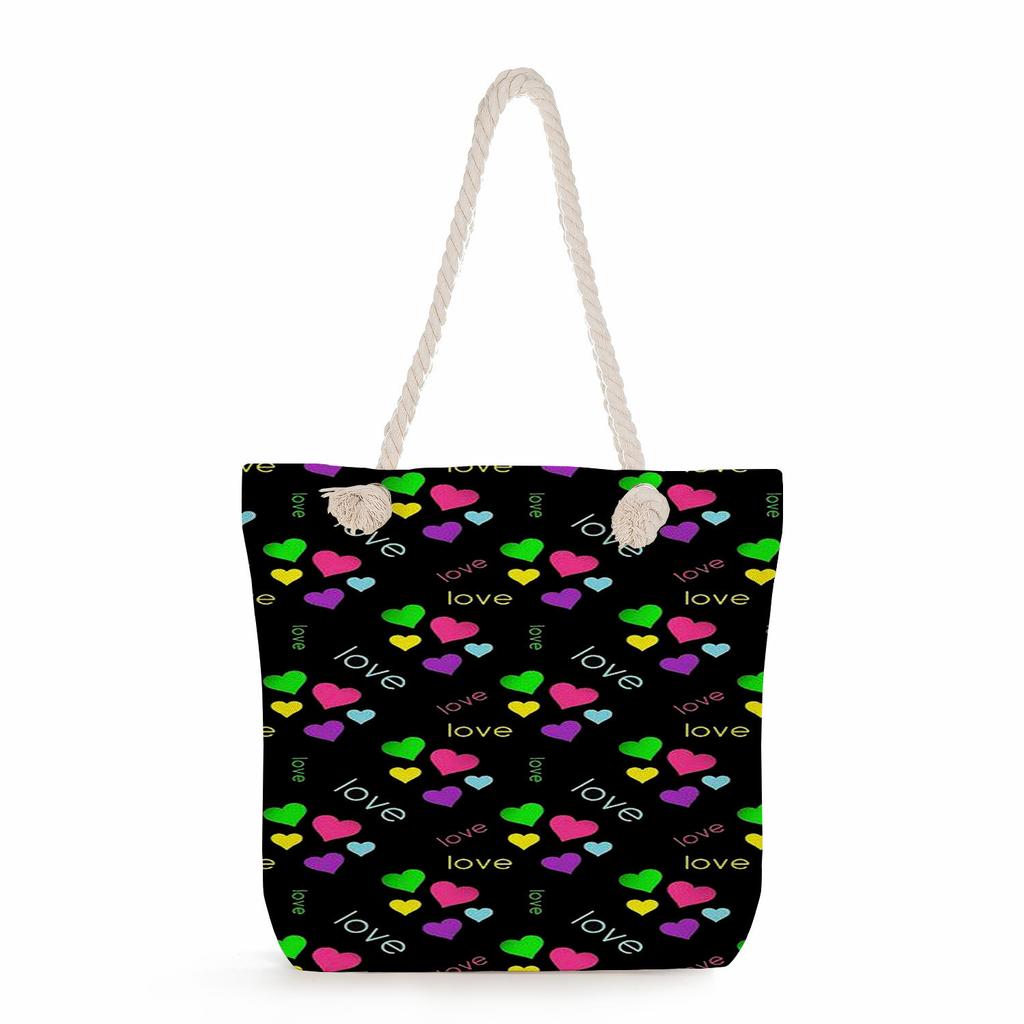 Multifunctional Valentine's Day Printed Thick Rope Shoulder Beach Bag Casual Large Capacity Handbag 0122