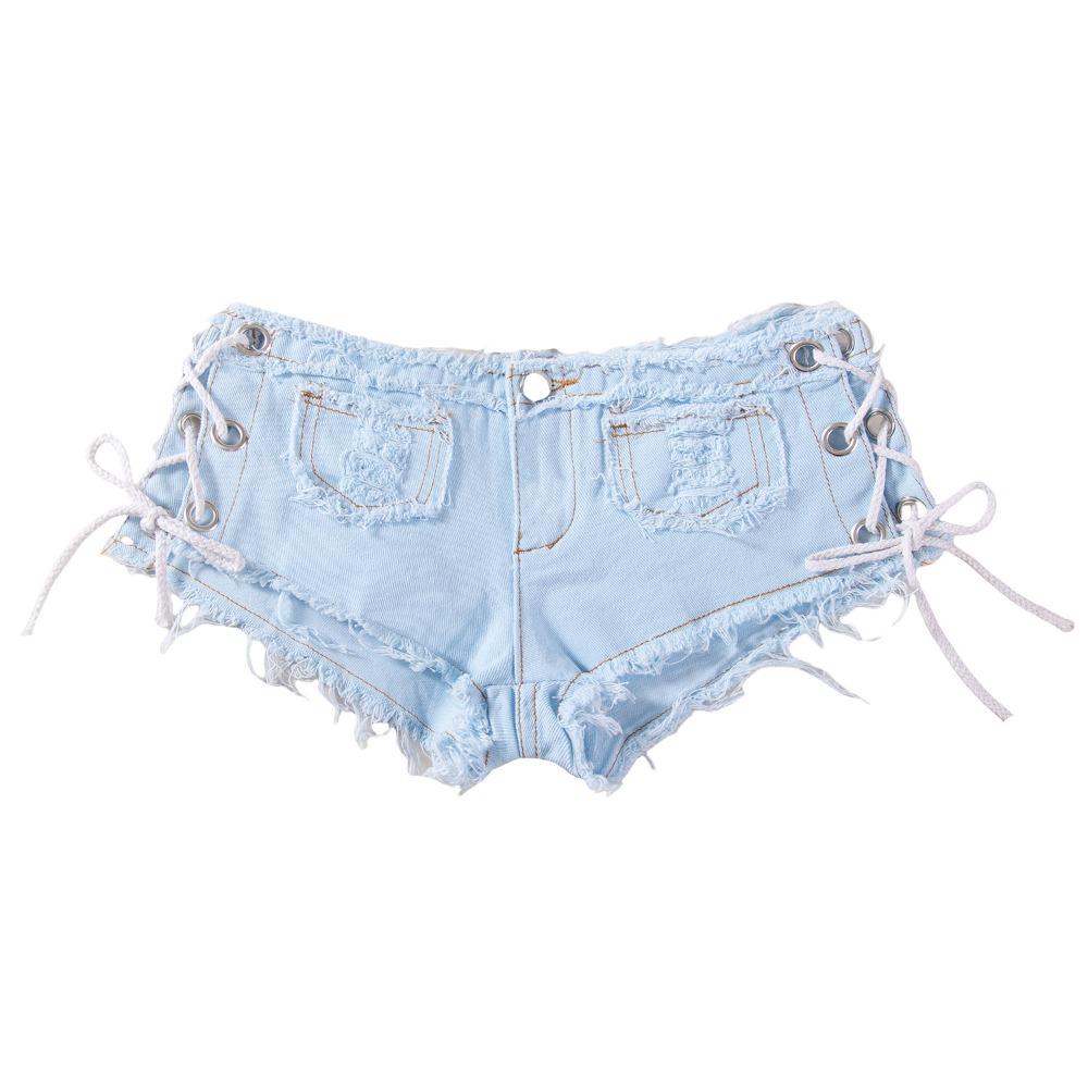 Pantaloncini di Jeans da Donna a Vita Media con Lacci Laterali Cutout Vestibilità Slim Hot Pants Alta Elasticità Orlo Grezzo Sfilacciato per Street Club Party