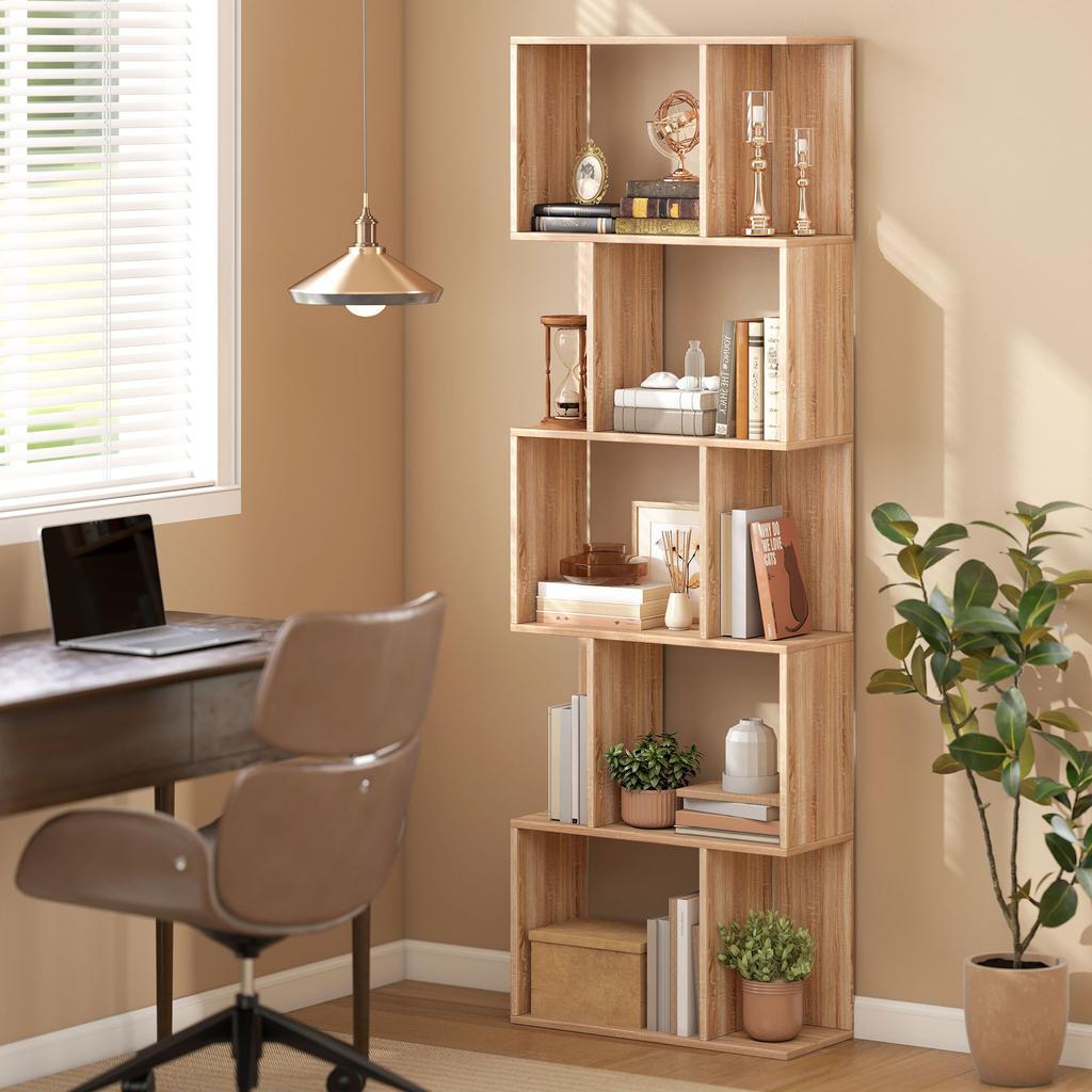 5 Tier Bookshelf S Shaped Storage Shelf With Shelves 60 X 24 X 184.5 Cm Natural Wood Effect