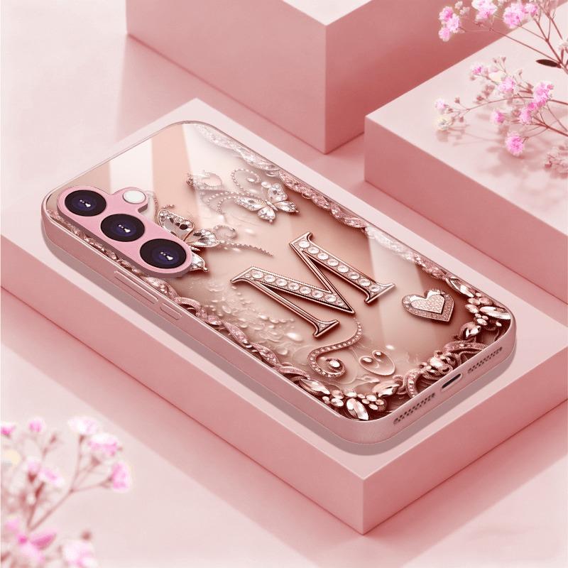 

Металлический стеклянный чехол для телефона с узором из букв-бабочек, инкрустированных бриллиантами, для iPhone 17 16 15 14 13 12 11 Pro Max Plus 17Air 17E iPhone 14