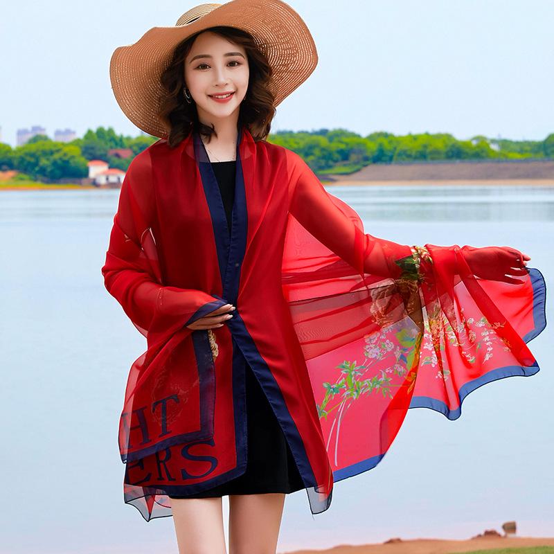 

2024 Большое пляжное полотенце из шифона и шелка и печатная шаль для защиты от солнца в подарок 130x195 cm