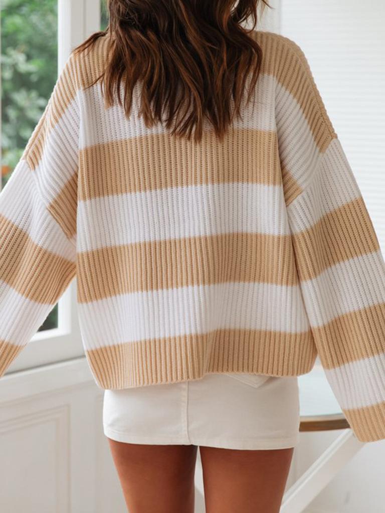 Women's Autumn New Fashion Striped Color Block Knit Sweater with Ribbed Crew Neck