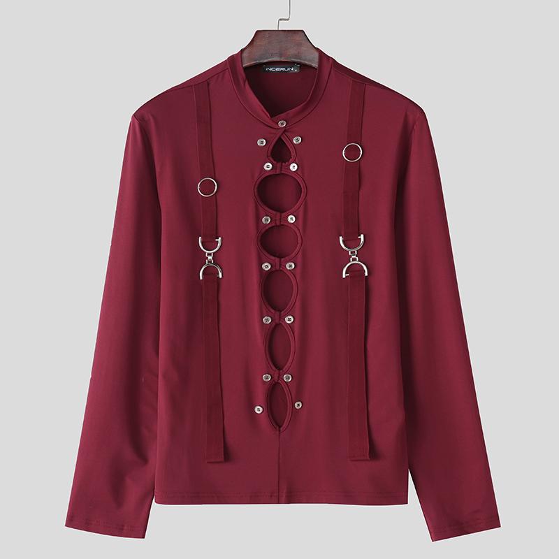 

INCERUN Men s Long Sleeve Hollow Out Bandage Patchwork T-shirts Tops 3XL вина червоного кольору
