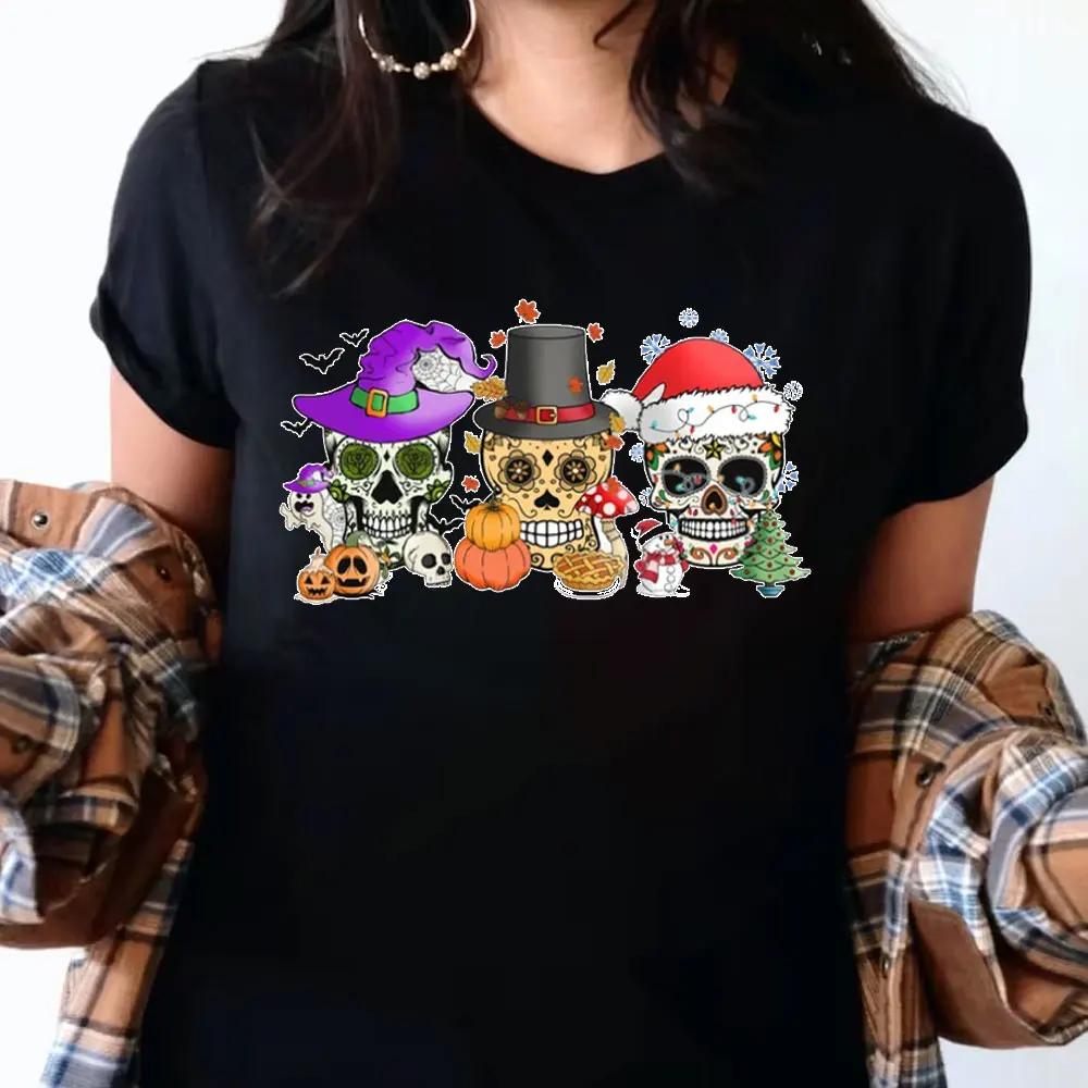 Sugar Skull Hallothankmas Mexican Tshirt Day of The Dead Dia De Los Muertos Women Clothing Graphic T Shirts Y2k Clothes Cotton