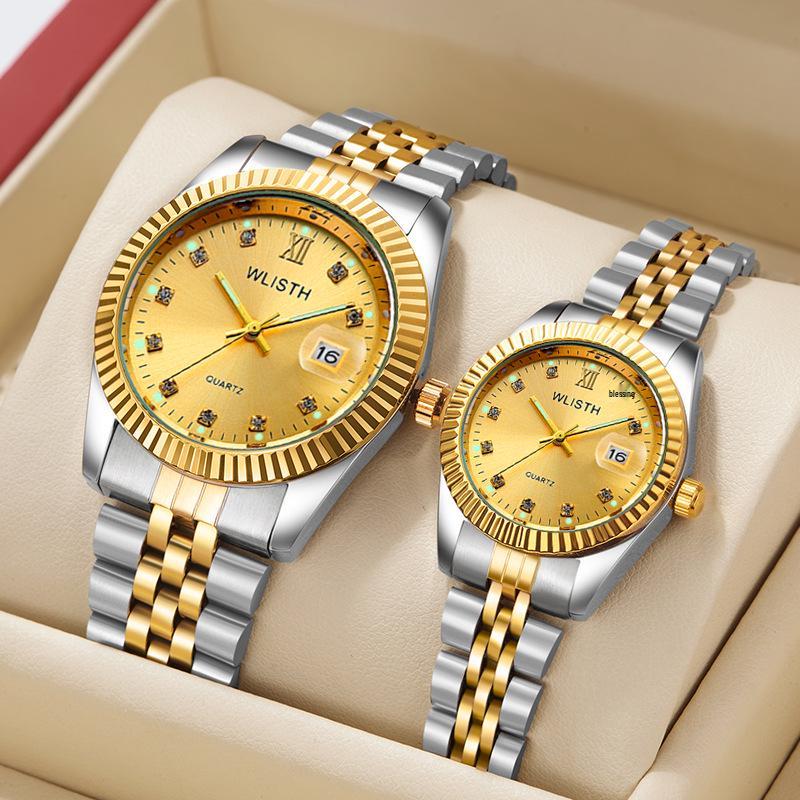 Matching Couple’s Watches: Fashionable, Waterproof, Luminous Quartz with Calendar in Two-Tone Steel for Men and Women