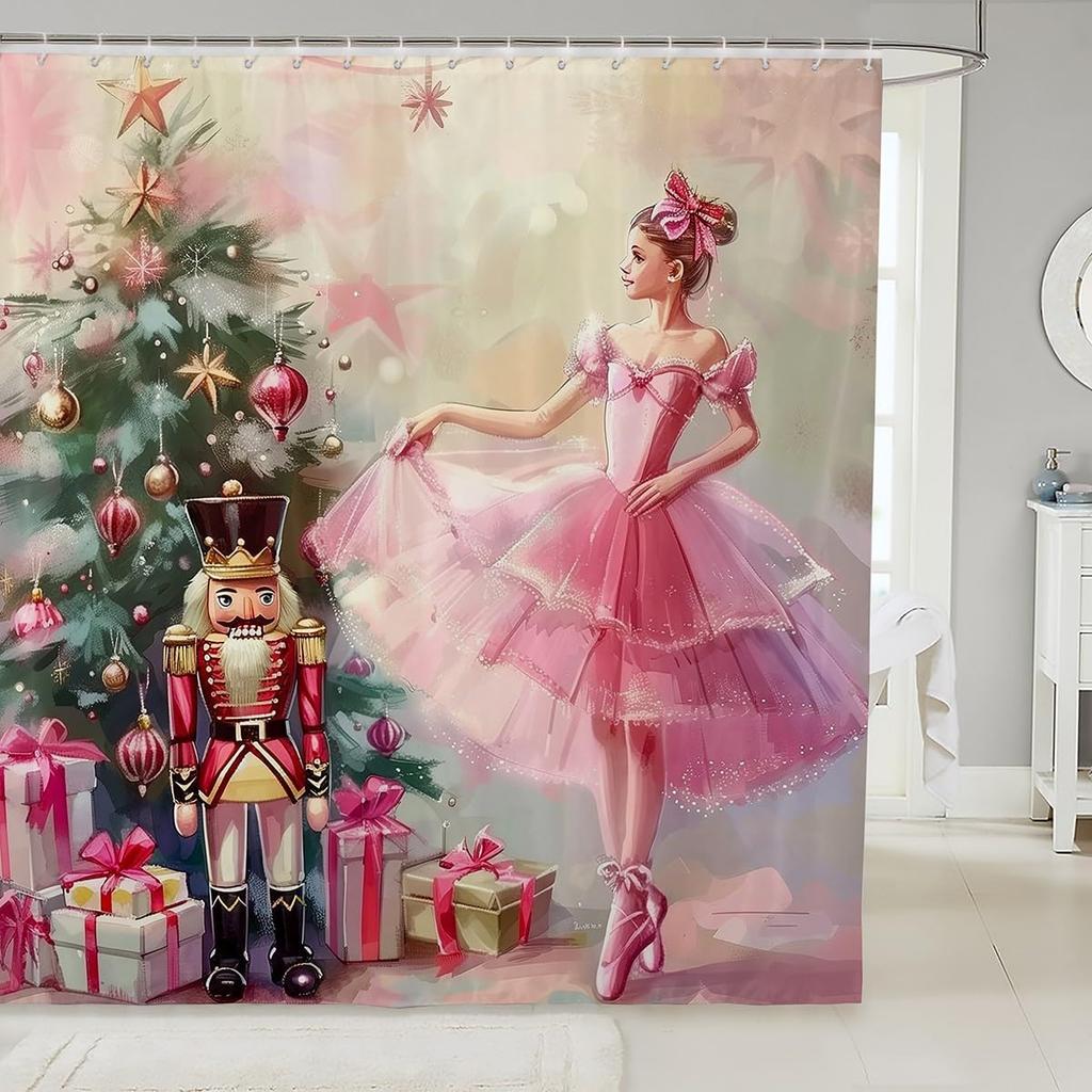 Pink Christmas Bathroom Curtain Cute Kawaii Bowknot Bell Shower Curtain Holiday Wreath Princess Style Bathroom Accessories For