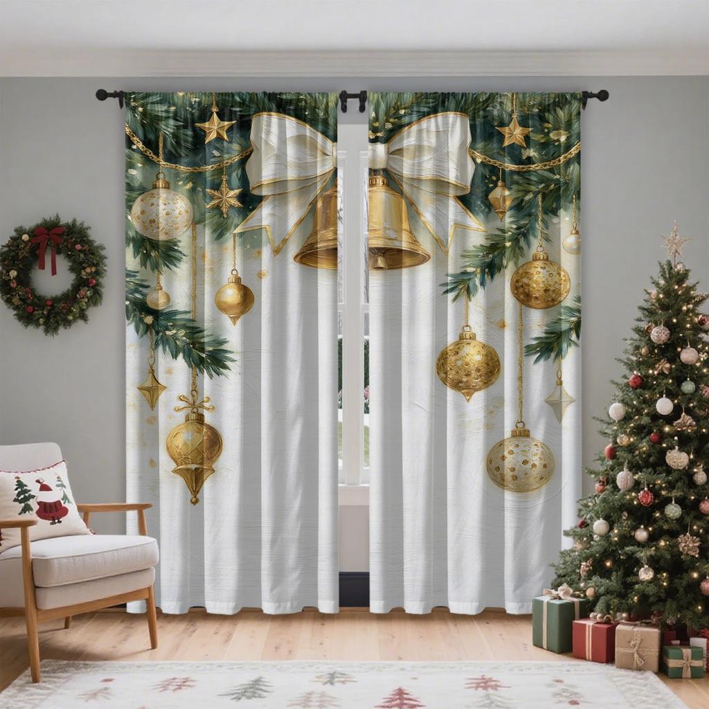Set Of 2 Jit Golden Ornament Curtain Xmas Window Decor Living Room Sheer With Rod Pocket Polyester Ideal For Area