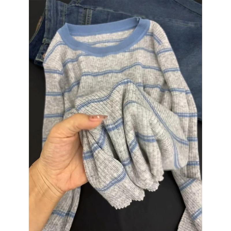 Contrasting Striped Knitted Sweater Women's Spring Age Reduction Top Crew Neck Pullover Long Sleeve Bottom Shirt