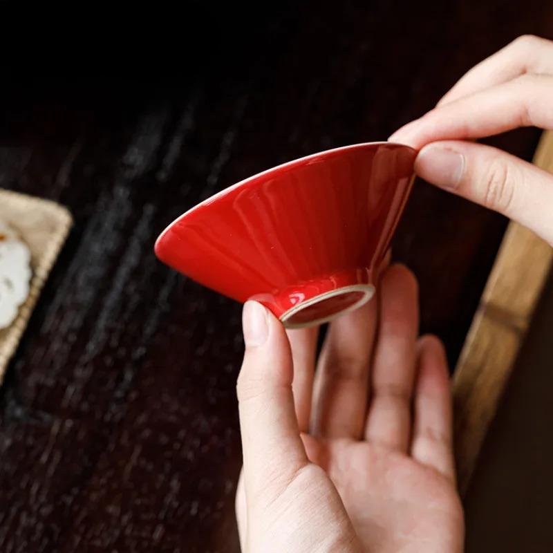 2pc/lot Red Glaze Hand-painted Double-line Teacup Elegant Tea Bowl Mug Tea-tasting Smelling Cup Jianzhan Master Cups Teaset 70ml