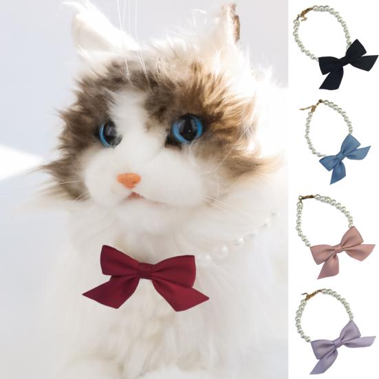 

Pet Necklace Anti-suffocation Adjustable Lightweight Bowknot Faux Pearl Dress Up Easy-wearing Kitten Dog Bell