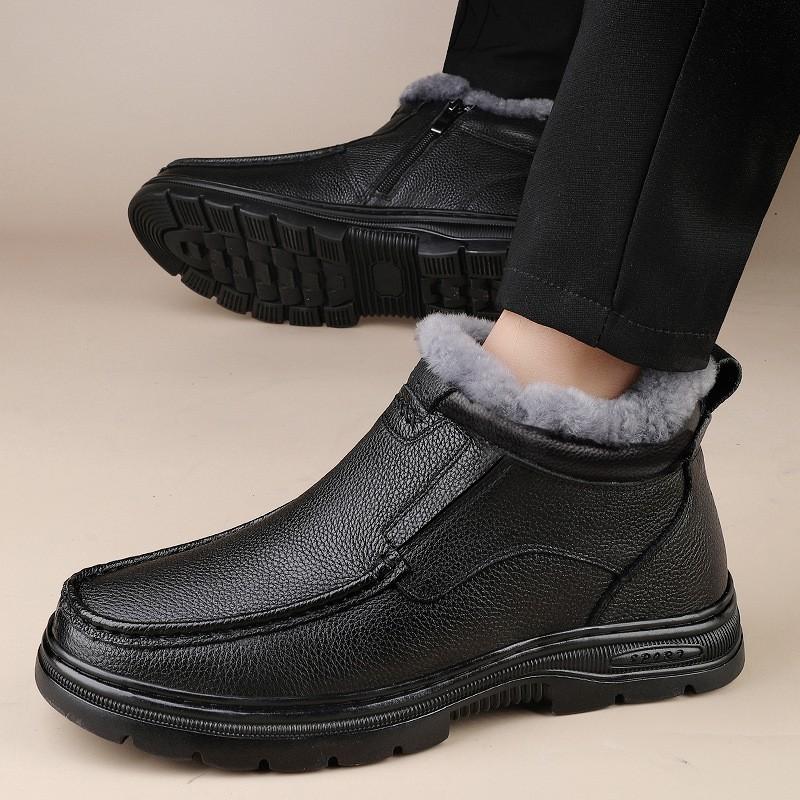 Mens Warm Lined Leather Martin Boots Winter Casual High Top Shoes With Wool Lining Round Toe