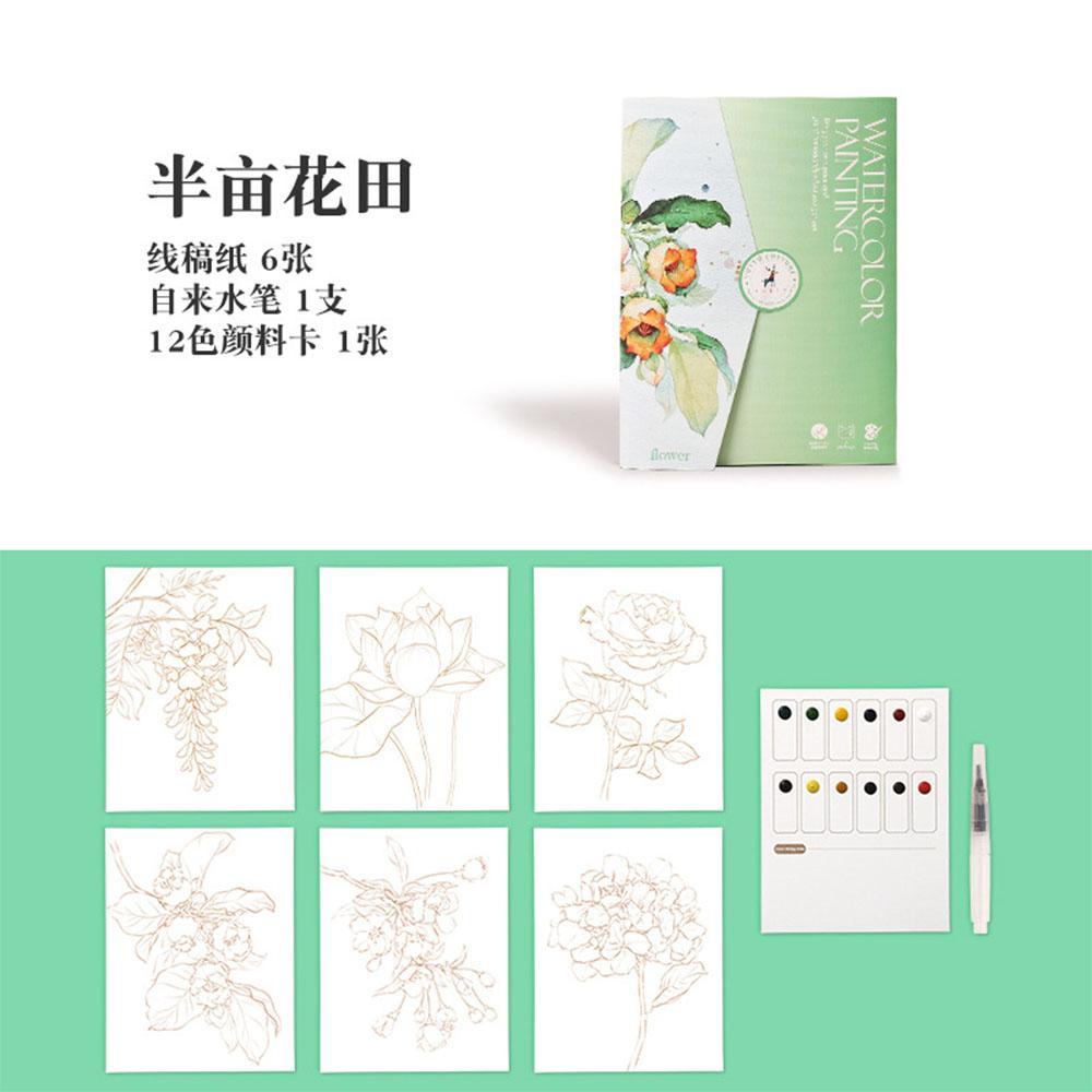 Watercolor Coloring Book Kit Pre Printed Papers for Draw Beginners Adults Stress Relief Anxiety Reduction Art Therapy Craft Set