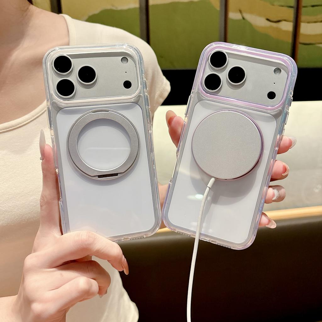 Suitable for IPhone17pro Ice Crystal Magnetic Mobile Phone Case 360 Rotating Bracket Apple 16 Two-color Transparent Anti-fall Cover