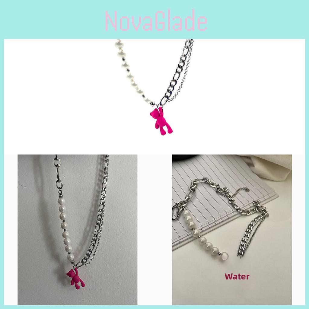 Pink Bear Pendant Necklace For Women Girls Cute Animal Jewelry With Pearl Chain