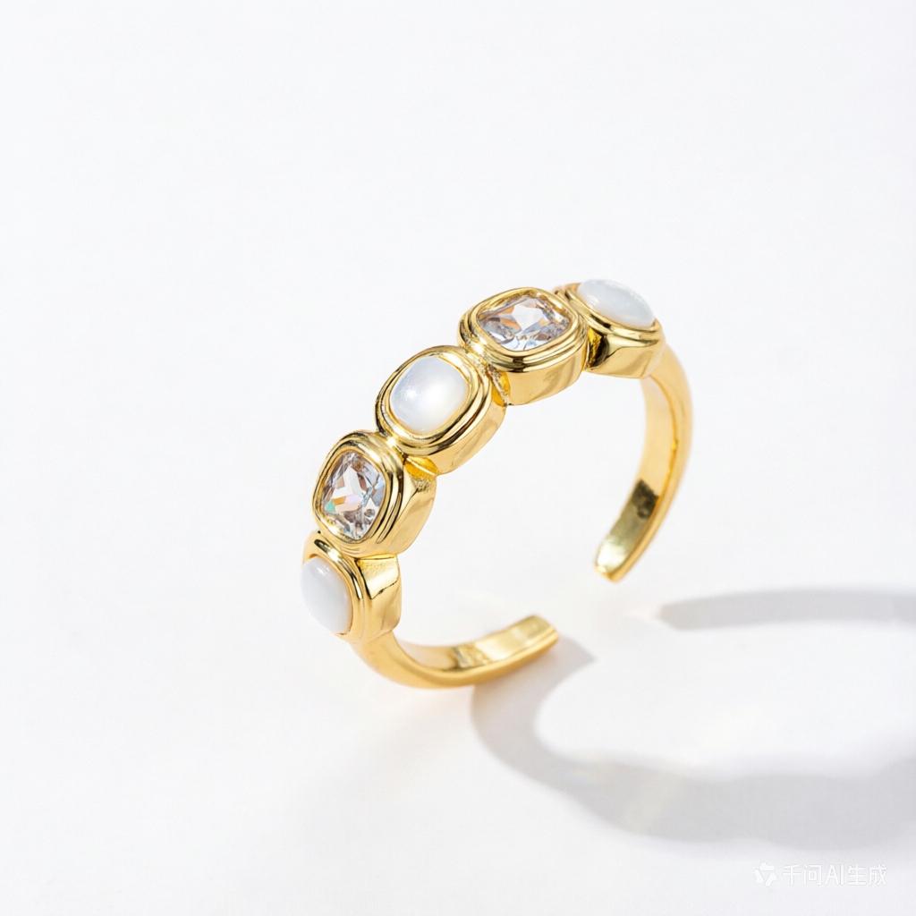 Women'S 18K Gold Plated Adjustable Open Ring With White Opal & Clear Cubic Zirconia Stones, Minimalist Stackable Statement Jewel