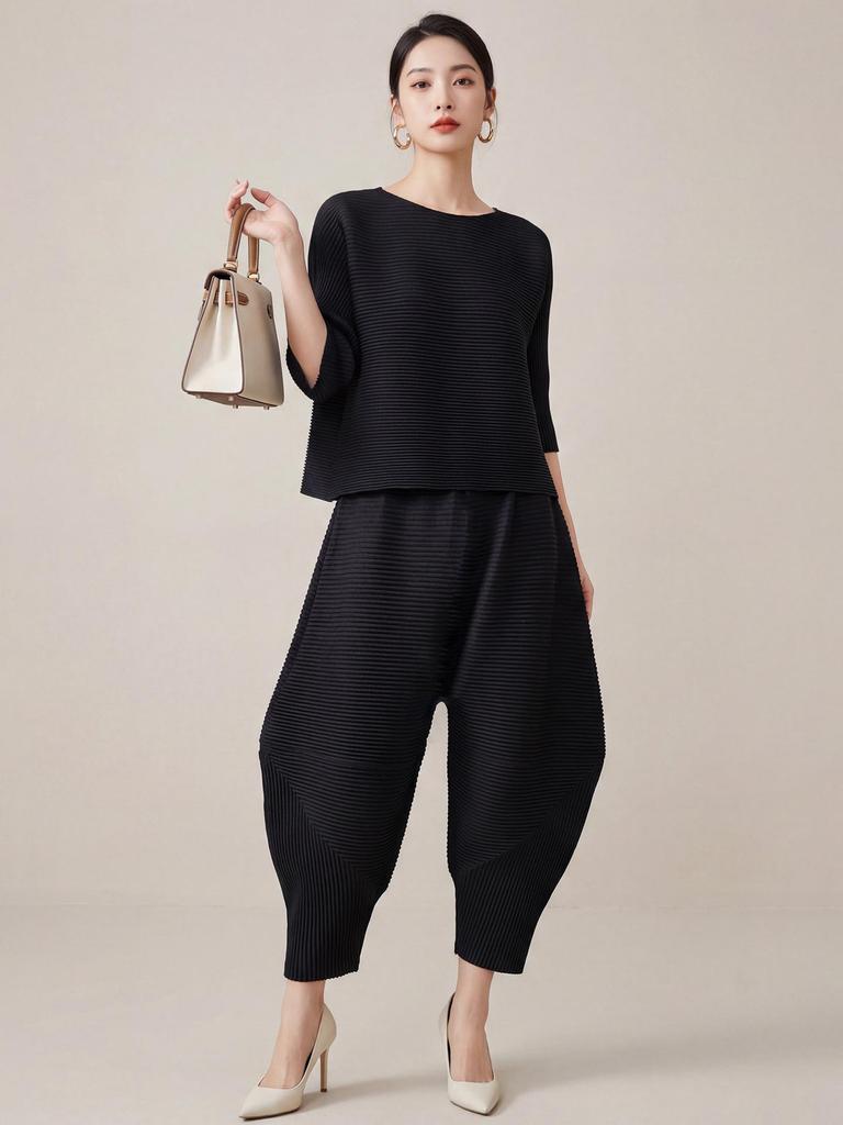 Miyake Women's High-End Flattering T-shirt & Irregular Harem Pants Two-Piece Set