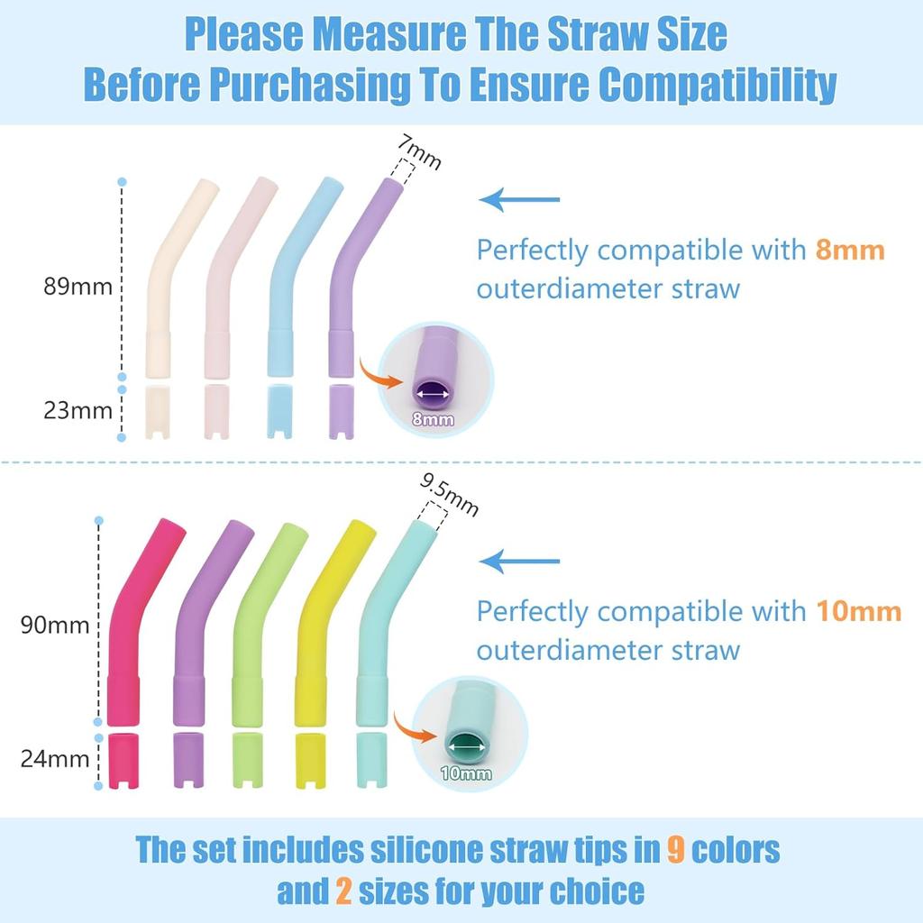 KEIFIN 18 Pcs 8mm 10mm Silicone Straw Tips with Bottom Sleeve Reble Food Grade Rubber Straw Tips for Metal Glass Straws Replaceable Flex Toppers