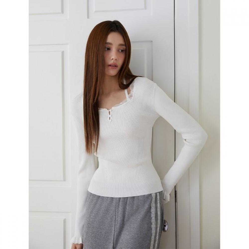 Square Neck Lace Trimming Knit Top  Es2okl04 