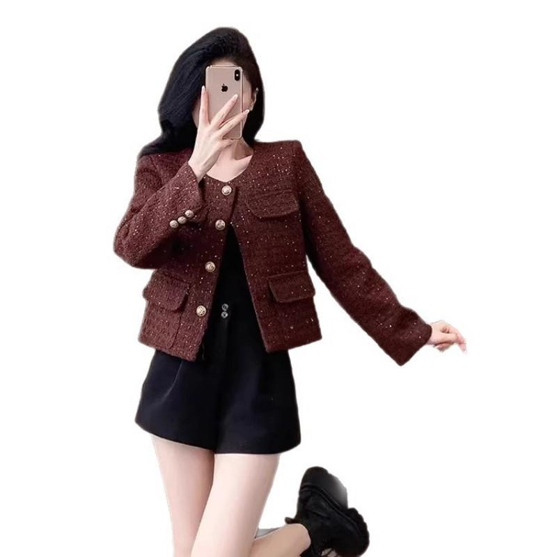 2026 Womens Short Tweed Blazer With Sequins Chic French Style Cropped Jacket Petite Figures