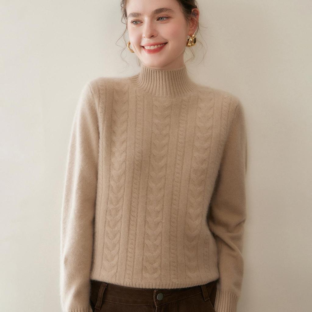 Women's Cashmere Cable Knit Semi-High Neck Sweater - Autumn/Winter Loose Fit Pullover