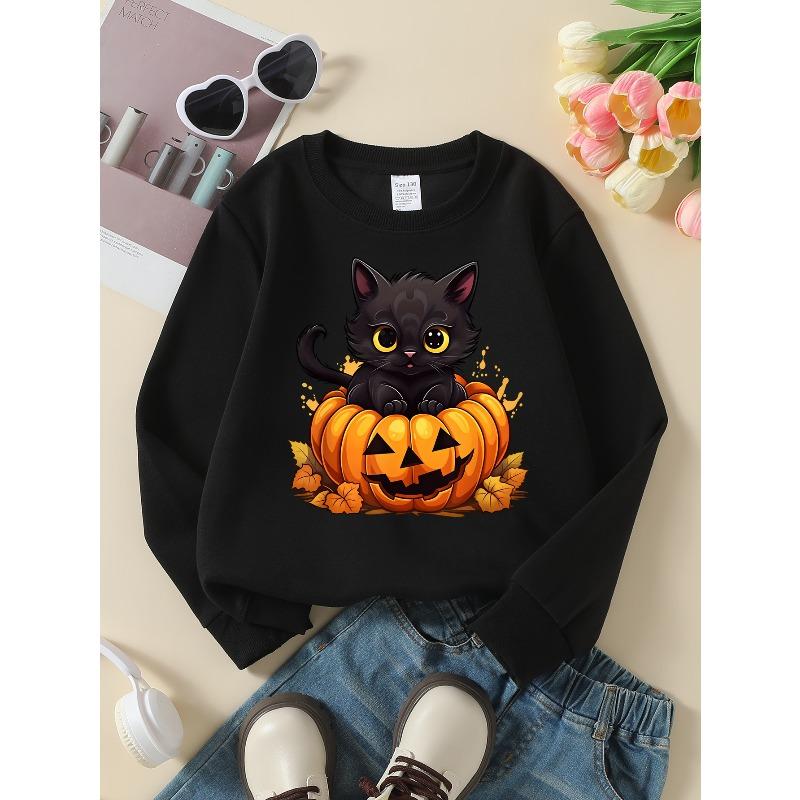 Girls' Halloween Long-Sleeve Sweatshirt, Round-Neck Fun Print Casual Top, Kids' Autumn Clothing, Suitable for Trick-Or-Treat Parties And Halloween