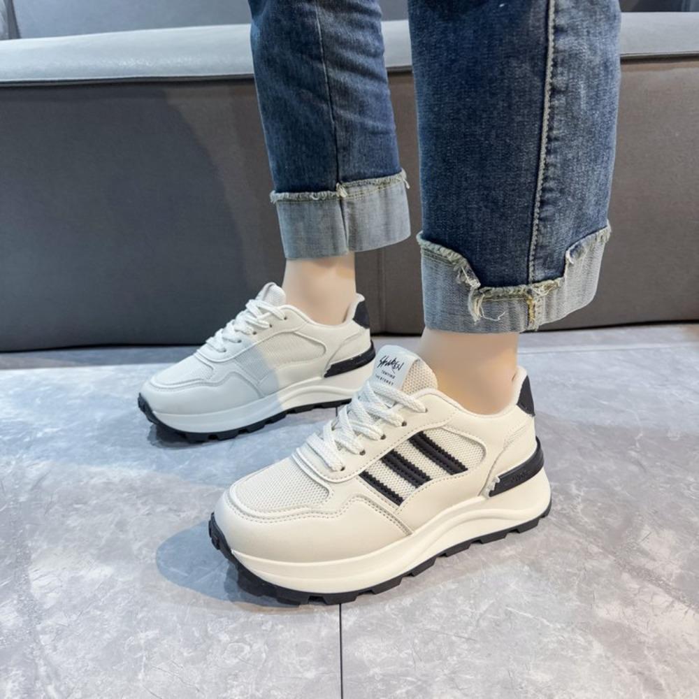 Thick Sole 2025 New Summer Autumn Women's Casual Board Shoes Spliced Sports Leather Surface Student Shoes