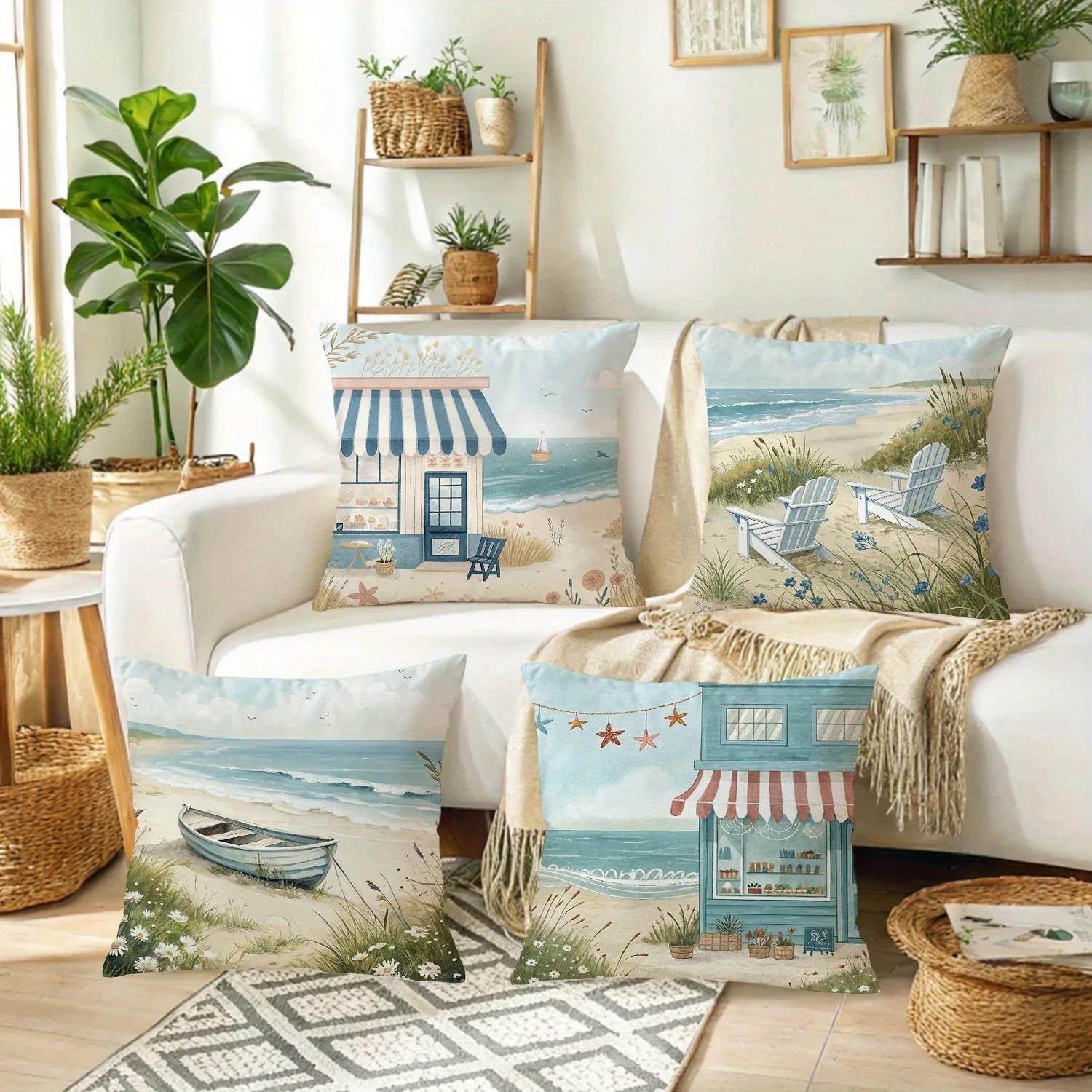 Panika Chen Unisex Charming Seaside Town Vacation Cushion Cover, Soft And Comfortable Bedroom Decoration