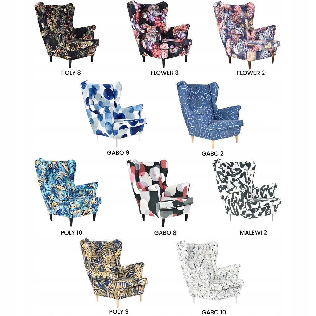 ARI PRINT Scandinavian Family Furniture Wing Chair, Gold, Navy Blue, Leaves