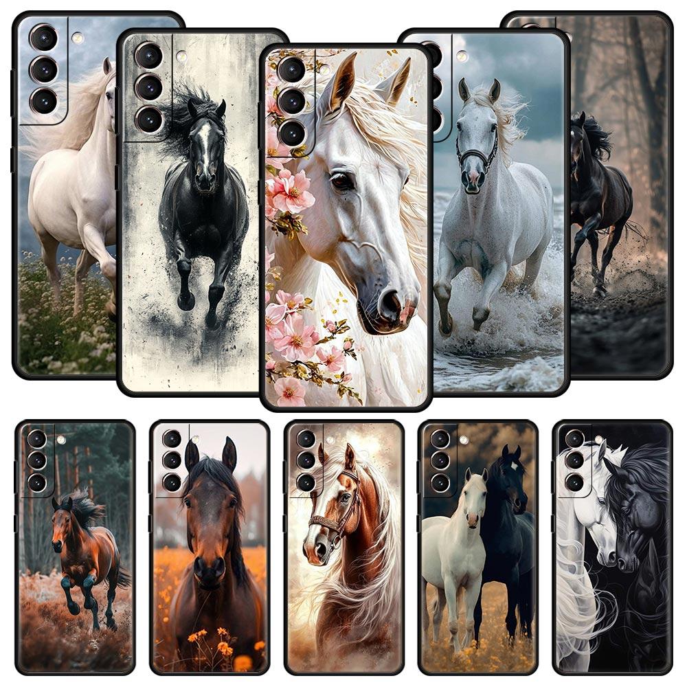 Black White Horses Galloping Phone Case For Samsung Galaxy S26 Ultra S25 Plus S24 FE S23 S22 5G S21 S20 Cover Black Soft