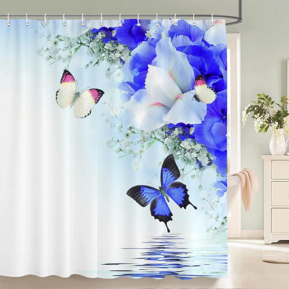 Rurality Fresh Flowers Wall Shower Curtains Bathroom Shower Curtain 3D Fabric Bath Curtain With Hooks Waterproof Bath Screen