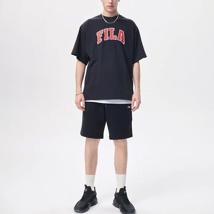 FILA Minimalist Letter Print American Vintage Loose Short Sleeve Drop Shoulder T-Shirt Unisex Tops Black S2RSD2105X-BLK