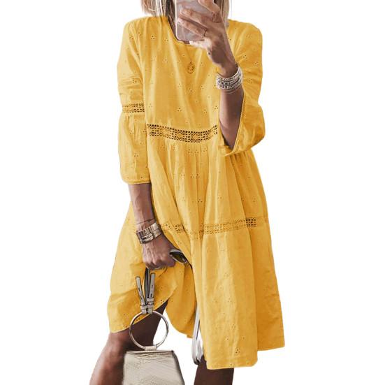 

Однотонна літня жіноча сукня з круглим вирізом, мереживна клаптева сукня, вуличний одяг XL жовтий