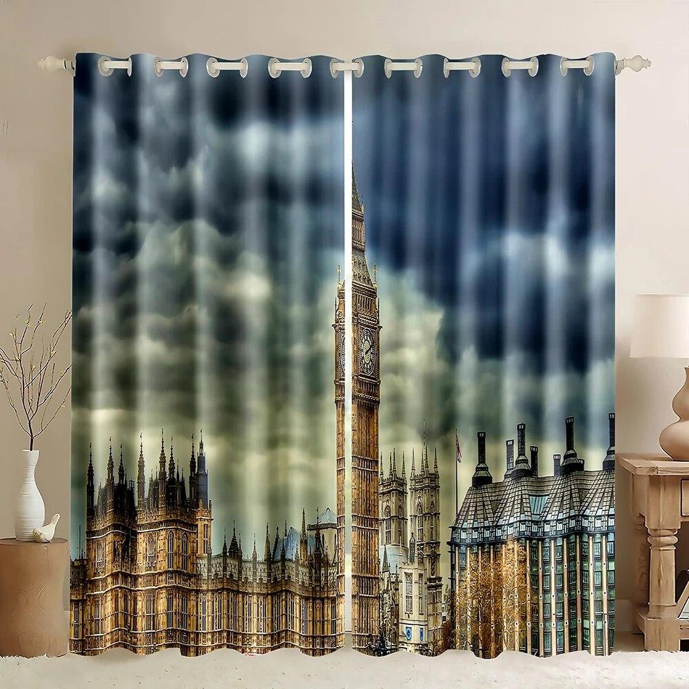 2ks London Building Window Curtains Tower s motivem Anglie Retro Londýn Silné zatemňovací okenní závěsy Cestovní scenérie Slavné město