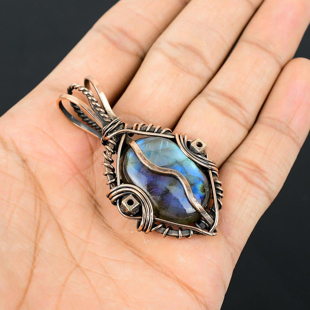 Labradorite Pendant, Handmade Gemstone 999 Copper Wire Wrapped Pendant Antique Jewelry, For Gift Silver Jewelry