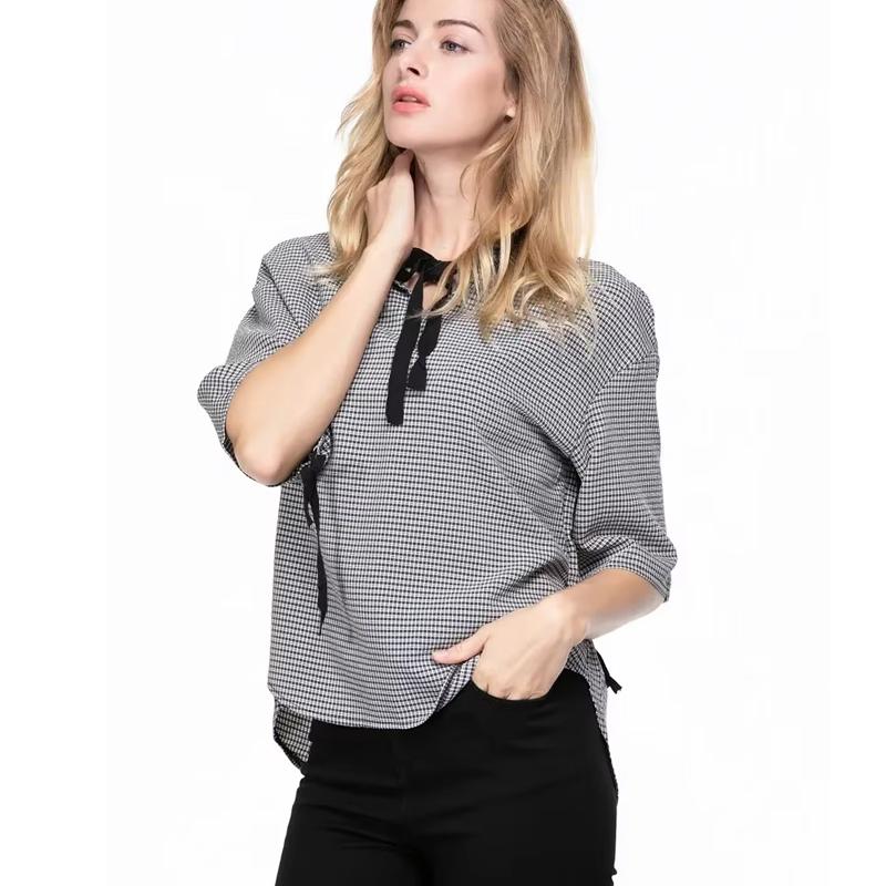 Summer Fashion Plaid Casual Shirt Women Half Sleeve V Neck Sweet Lace-up Bow Plus Size Shirts Female Loose Ladies Tops Blouses Women Clothing 5206