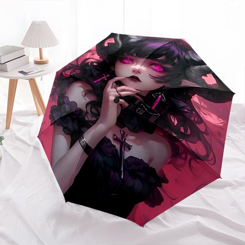 1pc Gothic Devil Girl Design Automatic Opening/Closing Umbrella with Cross Pendant, Portable Folding Design, Outdoor for Fans, Travelers, Daily U