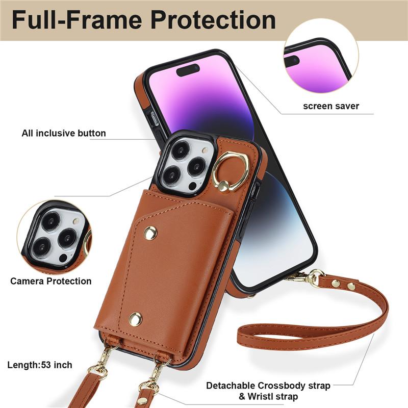 Lanyard Leather Wallet Card Phone Case for iPhone 15 14 Plus 13 12 11 for Samsung Galaxy S23 Ultra S22 Plus S21 FE A54 A14 Note 20 Crossbody FlipCover