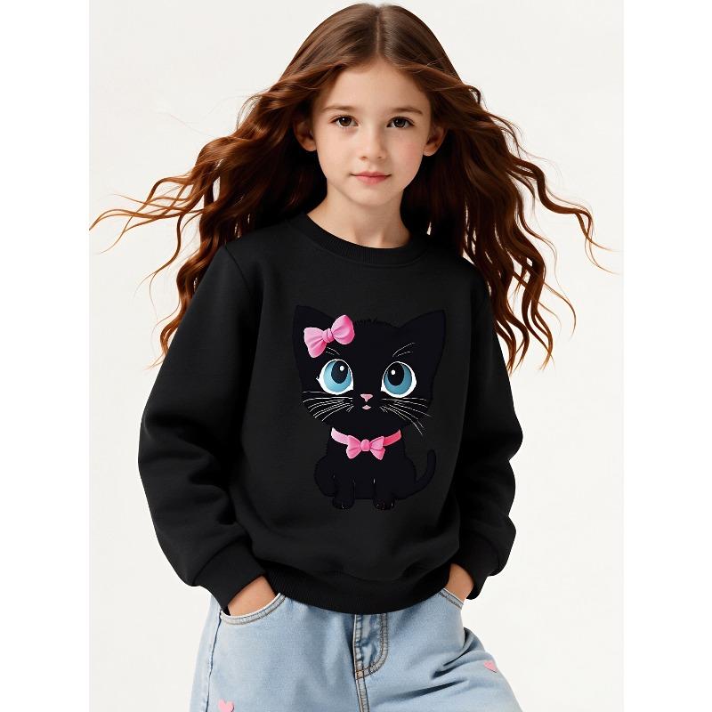 Kids Sweatshirt,Crew Neck Fashion Top, Fun"Cute Black Cat with Pink Bow " Patterned Sweatshirt,for Everyday Casual Wear,for All Kinds of Daily Outfits