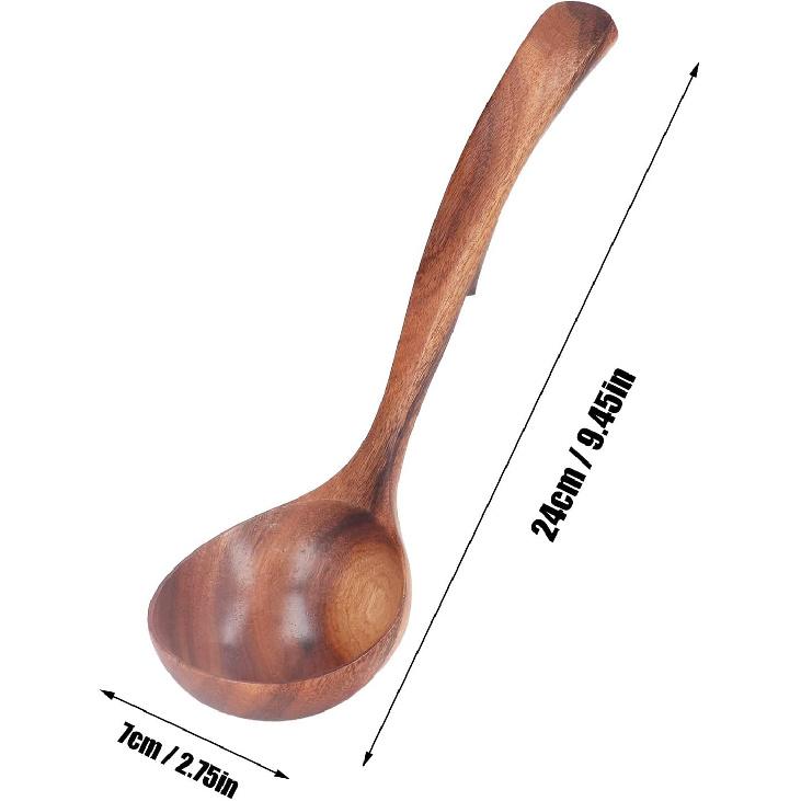 Wooden Soup Ladle, Acacia Wood Soup Spoon with Back Hooks Long Handle Porridge Spoon Kitchen Utensil for Cooking, Serving and Stirring (9.5inch)