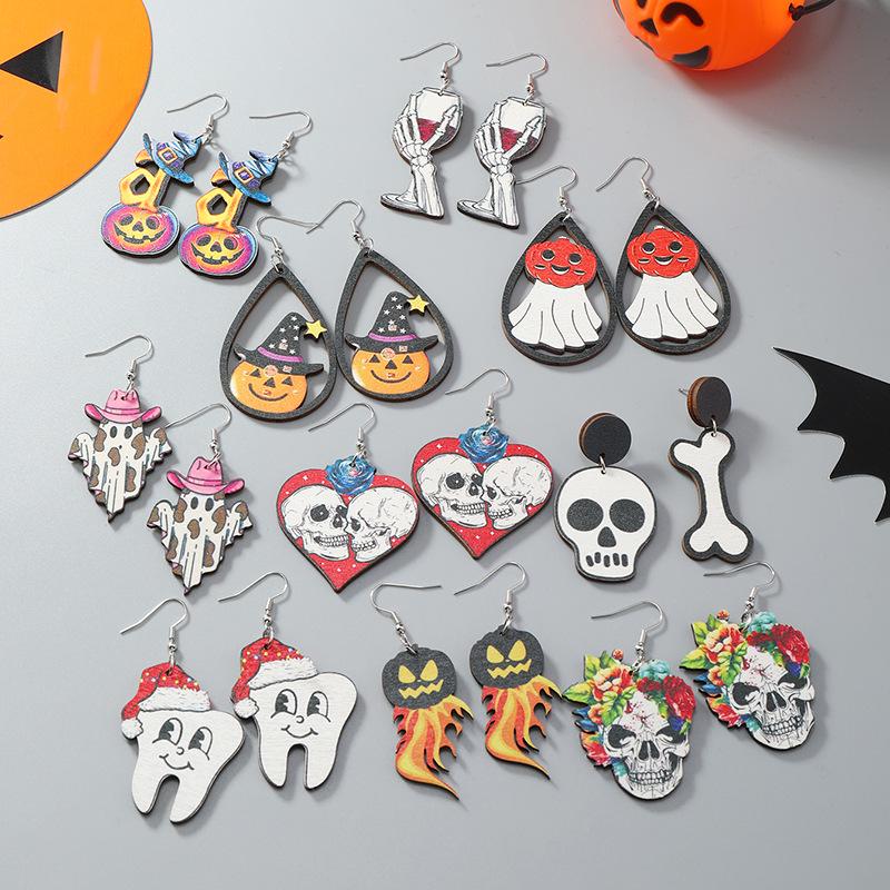 Halloween Wooden Pumpkin & Skull Wine Glass Guitar Earrings