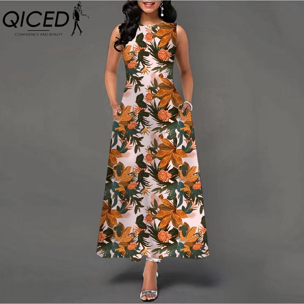 QICED 48 barev Nové dámské volné vintage květinové volánové šaty Befree šaty Velká letní párty Tílka Elegantní maxi šaty