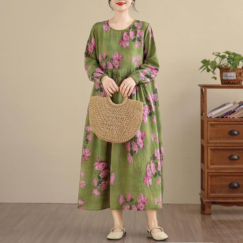 DIMANAF Ny 2025 Dam Plus Size Vår Lång Klänning Lös Basic Vintage Oversize Långärmad Maxi Blommig