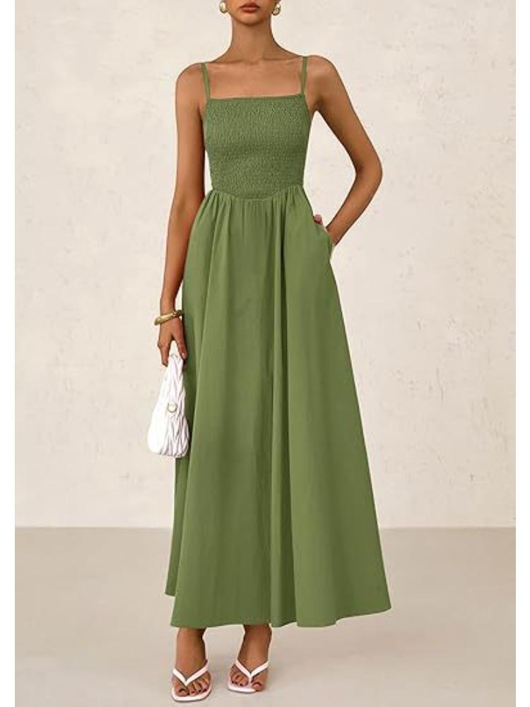 Women's Spaghetti Strap Maxi Dress with Ruffles and Pockets