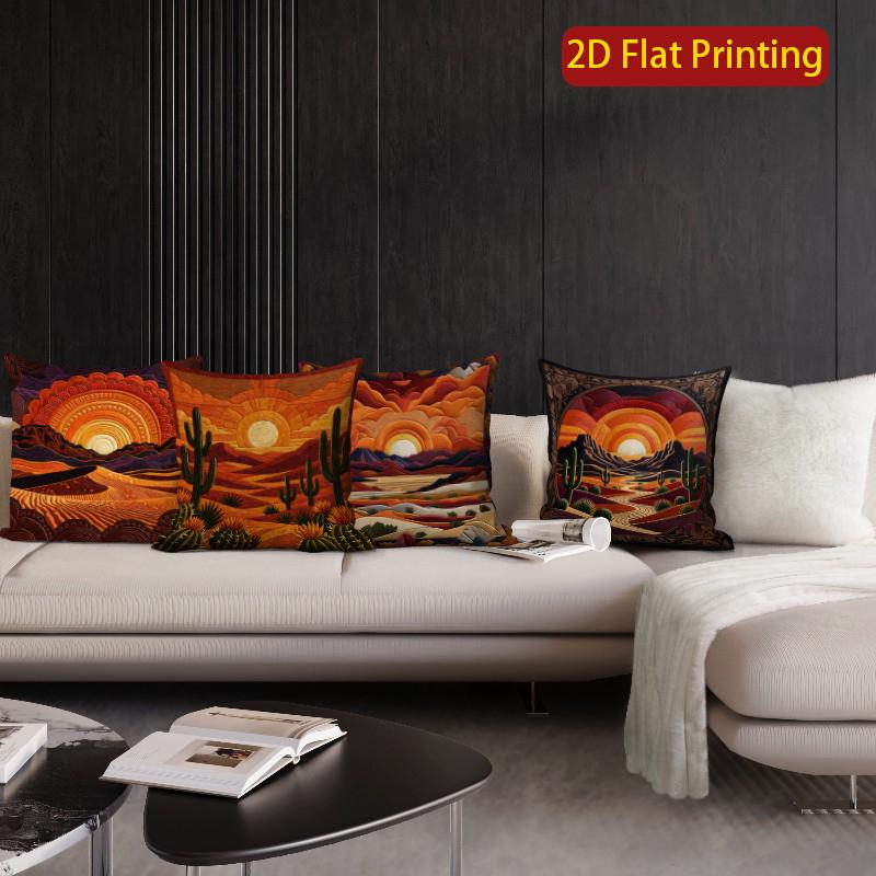 2D Retro Desert Sunset Cactus Throw Pillow Covers** Pattern Cushion Cover Suitable For Sofa Bedroom Car Pillow Cover