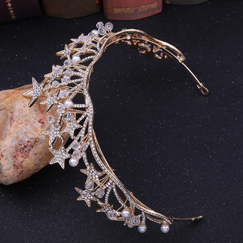 Baroque Gold Color Star Crystal Pearl Wedding Tiaras Bridal Crown For Bride Rhinestone Crowns Headband Jewelry Hair Accessories