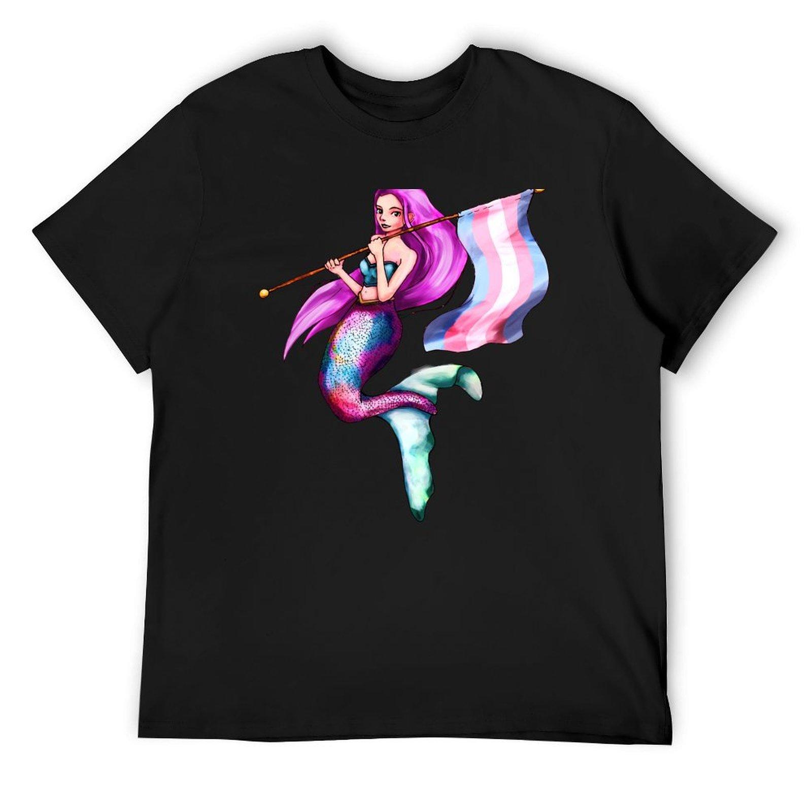 

Trans flag mermaid T-Shirt anime clothes heavyweights customs design your own blanks mens graphic t-shirts anime 4XL