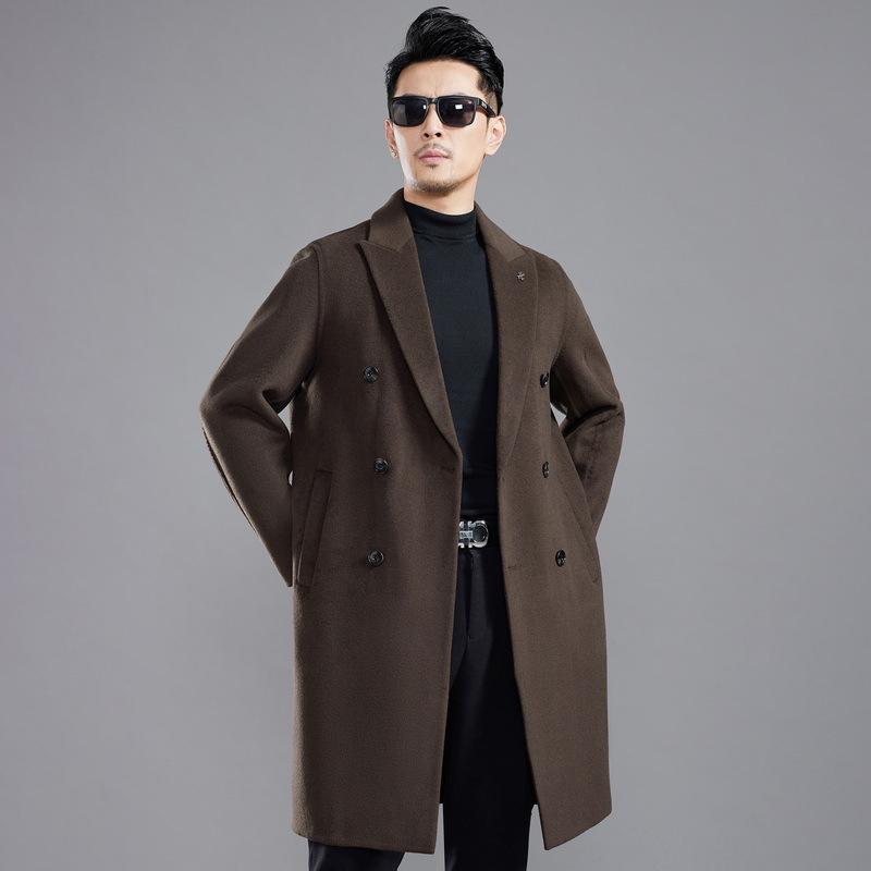 

Двустороннее кашемировое пальто для мужчин, шерстяное пальто средней длины со съемной подстежкой, двубортная ветровка с воротником-стойкой 195